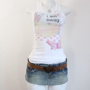 y2k graphic tank swag butterfly graphic tank white ribbed 2010s slogan baby tee